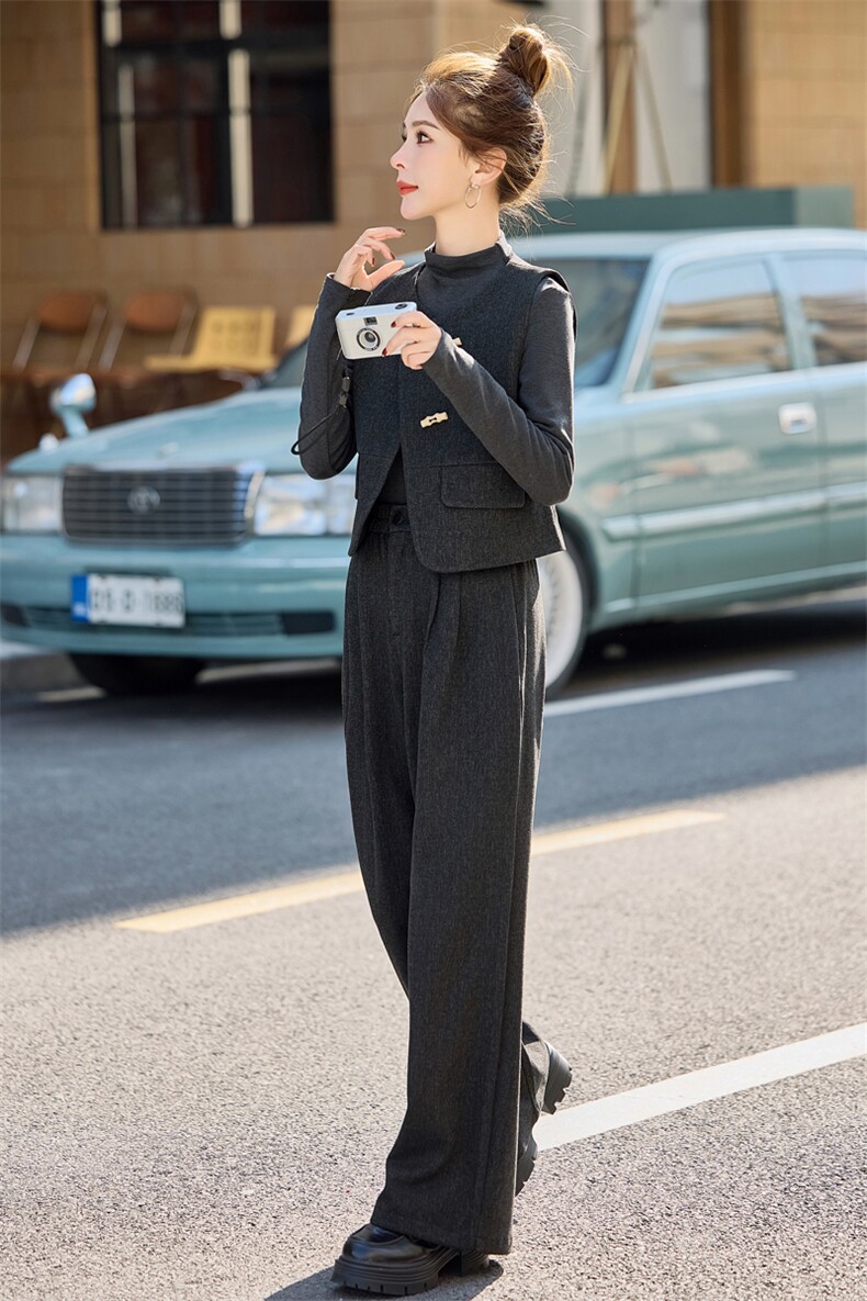 今年流行的漂亮套装女2025春季新款西装马甲阔腿裤洋气休闲三件套,女装套装/套裙,瑶迪依秀