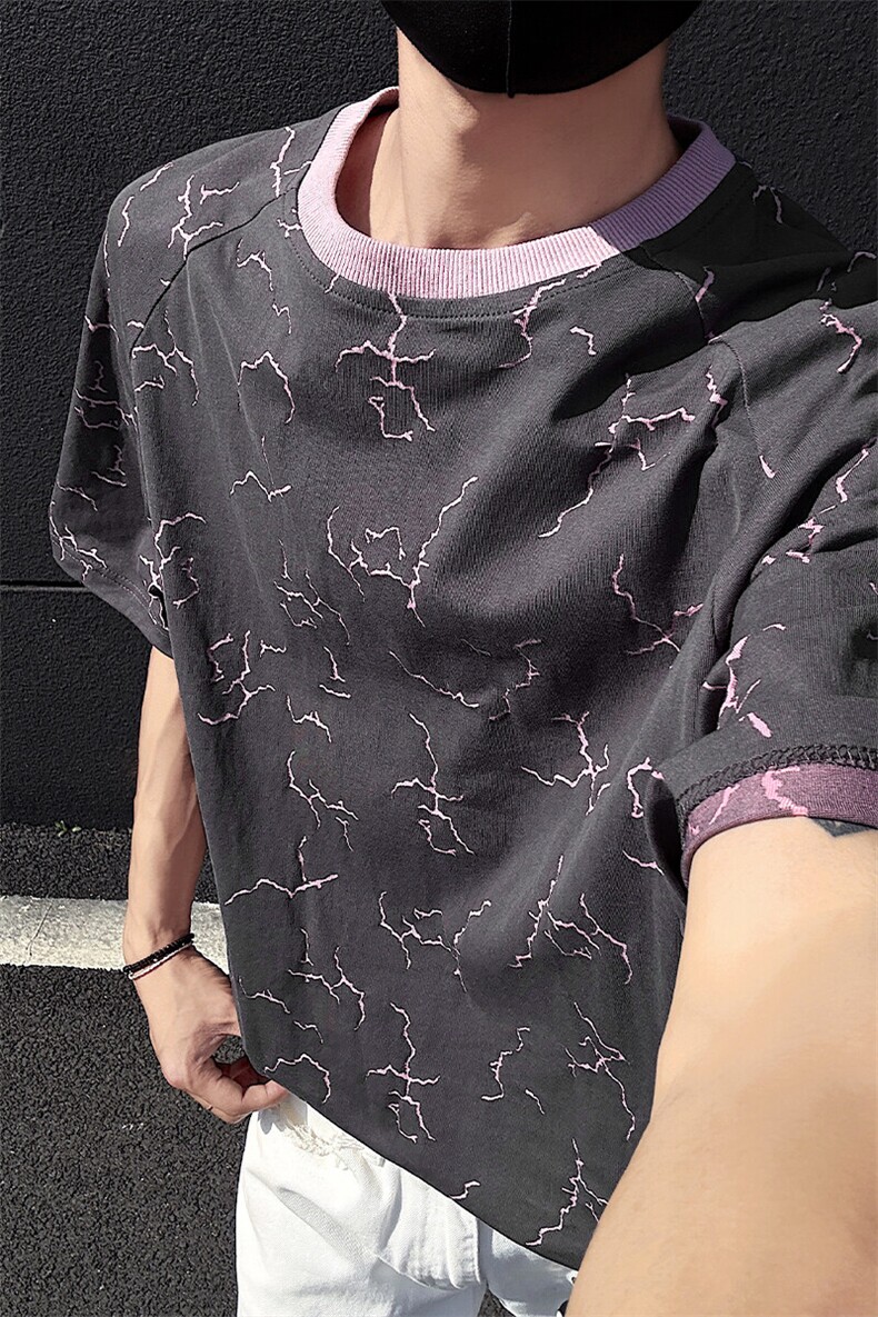 特批P30无差价夏季闪电高街撞色冰裂纹宽松圆领短袖T恤男T5176,男装T恤,电商A001-1