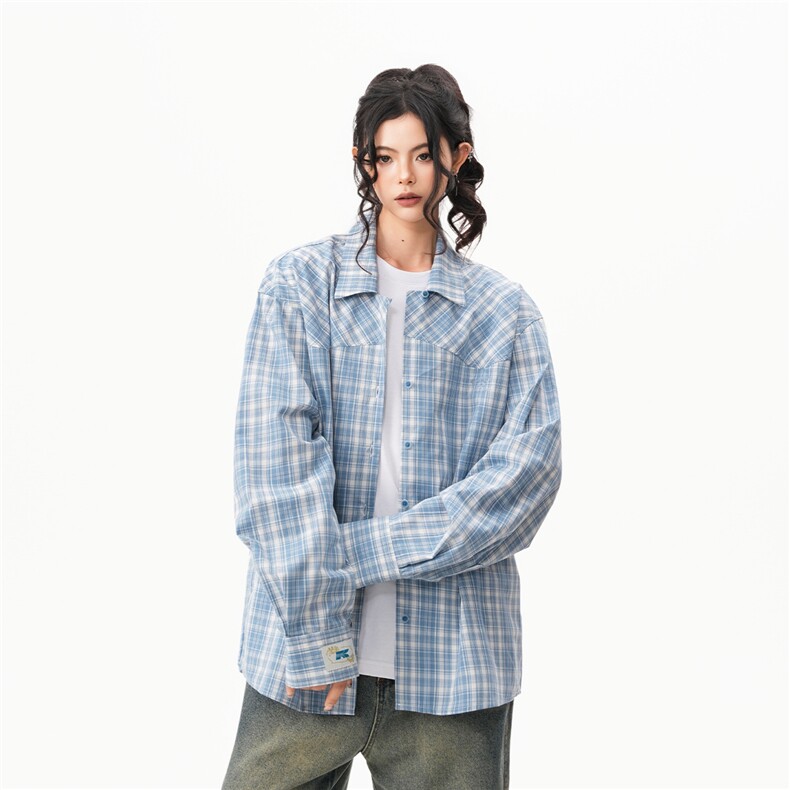 BWKA蓝色格子防晒衬衫女男2025春夏季潮牌古巴领衬衣宽松休闲外套,男装衬衫,星座1210-1