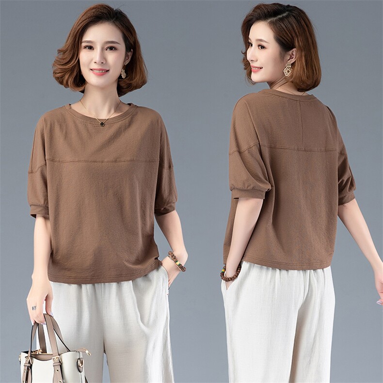 夏季短袖t恤女2025新款中年妈妈韩版宽松休闲中袖显瘦棉麻，女装T恤，阿丹