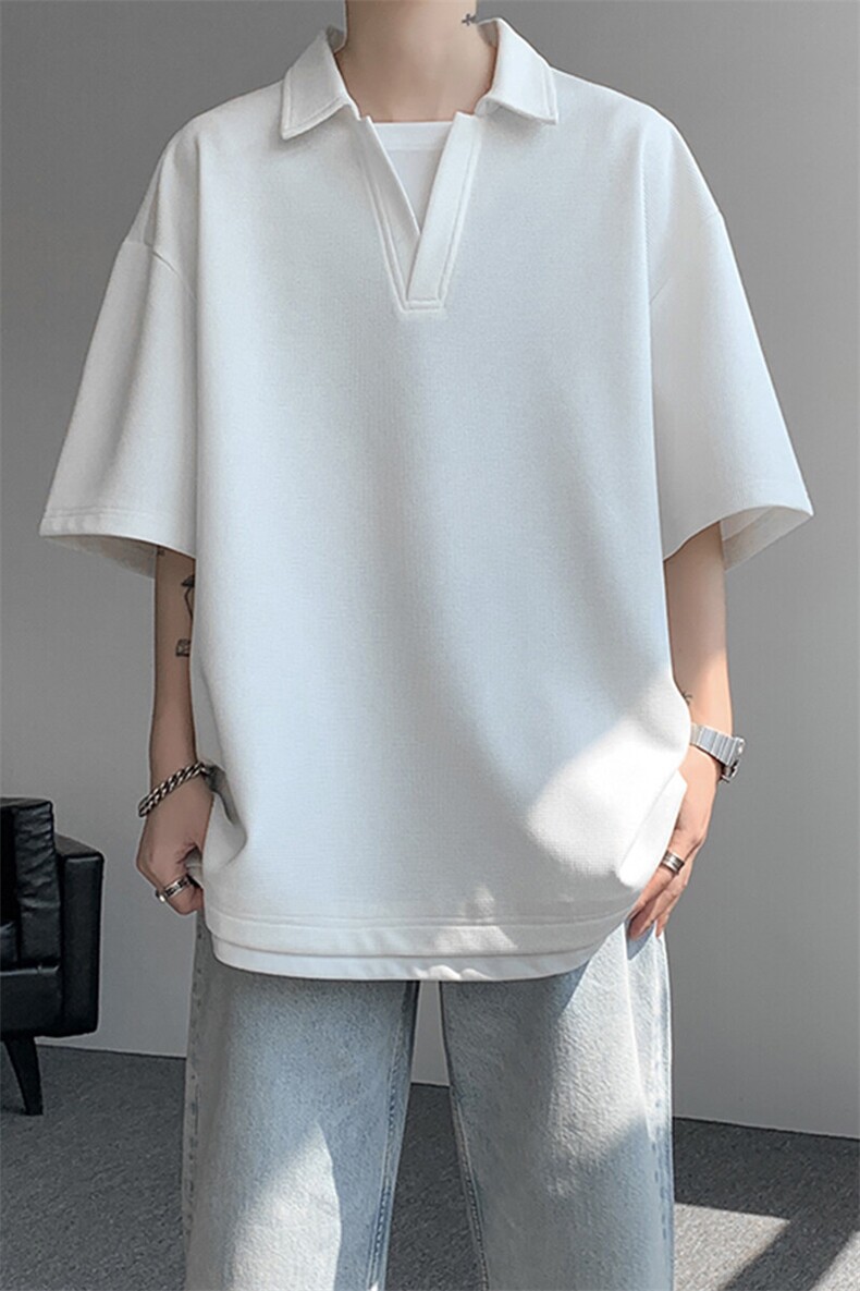 8XL-M假两件V领短袖t恤男夏翻领半袖宽松重磅华夫格大码DT001P40,男装T恤,电商B312