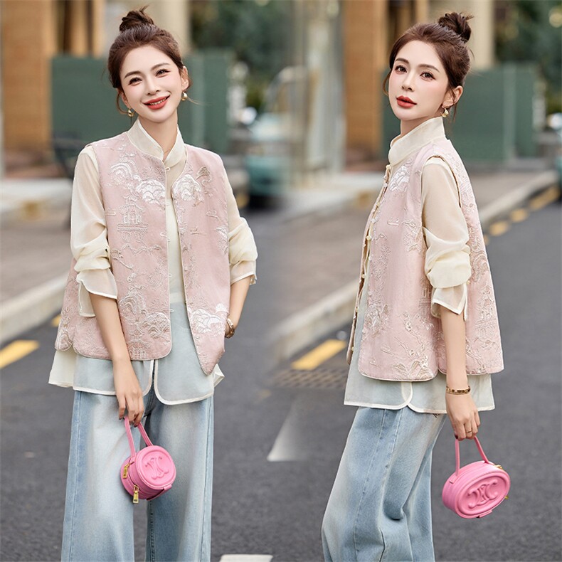 新中式国风马甲女2025春季新款高级感洋气减龄宽松复古提花上衣潮，女装马甲，采品优优