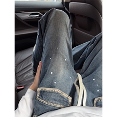 B221美式ins高街暗黑喷墨刺绣宽松直筒牛仔裤LK24345-P65控88，男装牛仔裤，电商B221