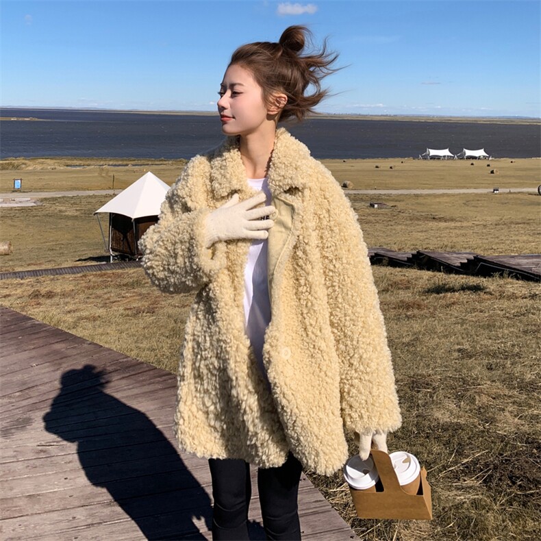 黄色毛茸茸仿羊羔毛外套女2025冬新款韩系减龄小个子皮毛一体上衣图片