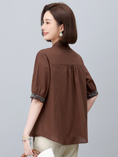 新中式国风刺绣棉麻衬衫女2025年夏季新款妈妈宽松遮肚子亚麻上衣，女装大码女装，依恋蒂丝