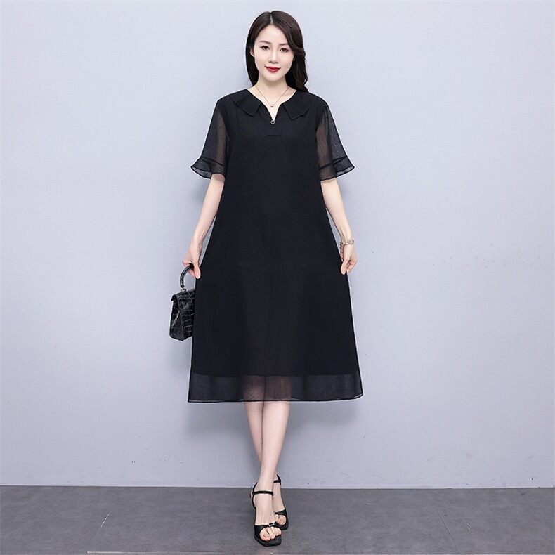 （现货）2026年夏季薄款中长款A型短袖圆领大码连衣裙,女装连衣裙,深妍伊美