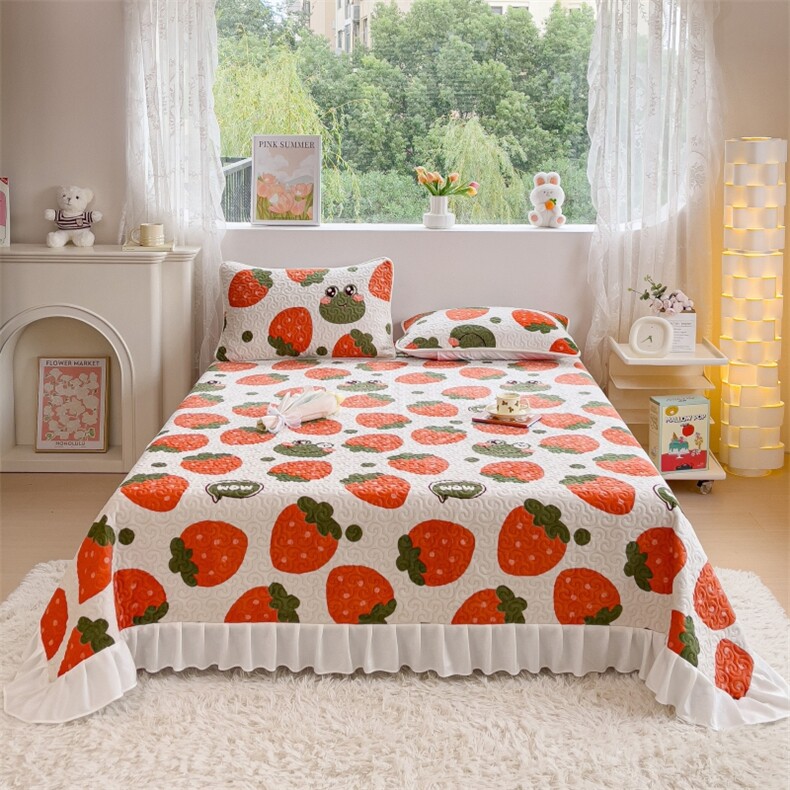 新款印花牛奶绒花边夹棉床盖三件套，床单，一起卖家纺