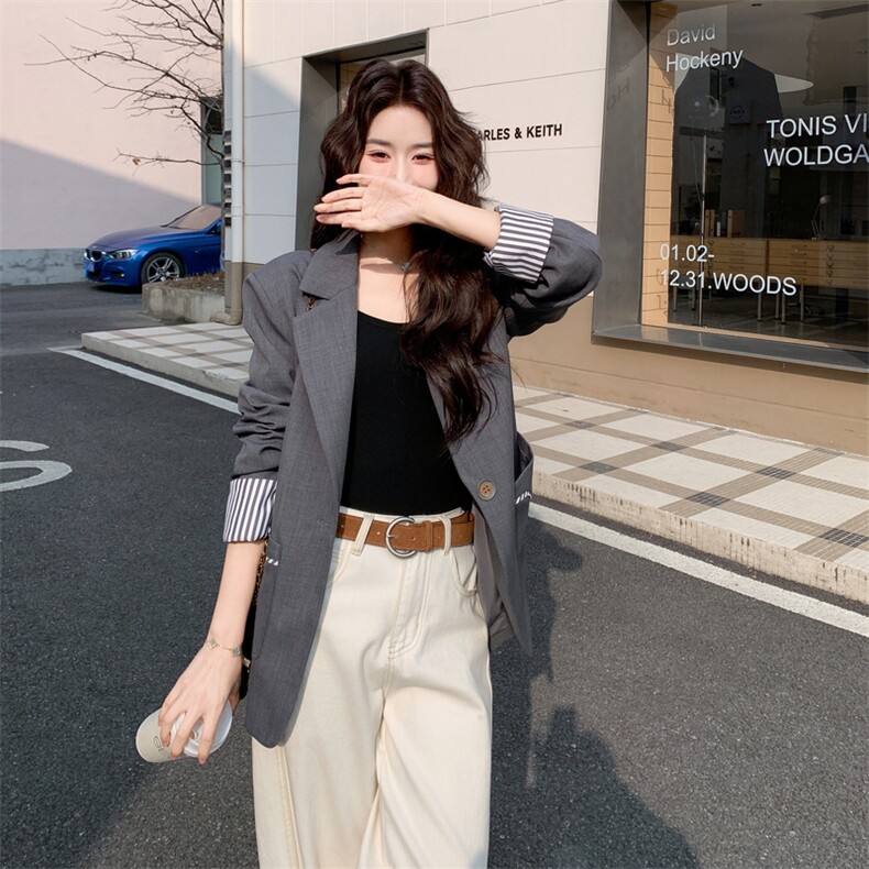 28081-7708-P145-K218春装新款灰色休闲百搭设计感西装外套,女装西装,浙宝210（原浙宝191）