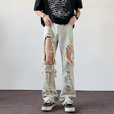 泥黄色裤子复古大破洞破洞乞丐牛仔裤ins小众直筒裤N8231，男装牛仔裤，星座1116A-1（原606A）