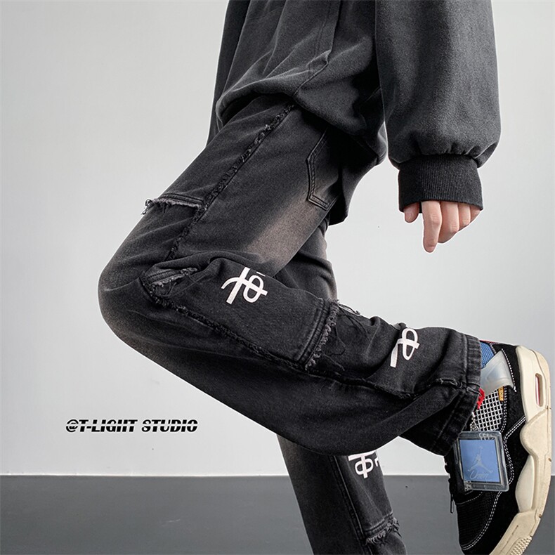 B221美式ins高街暗黑小众毛边印花直筒牛仔裤LK23108-P65控88,男装牛仔裤,电商B221