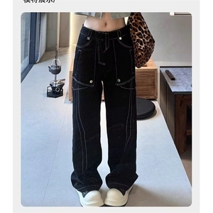 美式复古个性明线设计工装牛仔裤男女款宽松直筒显瘦阔腿拖地裤子图片