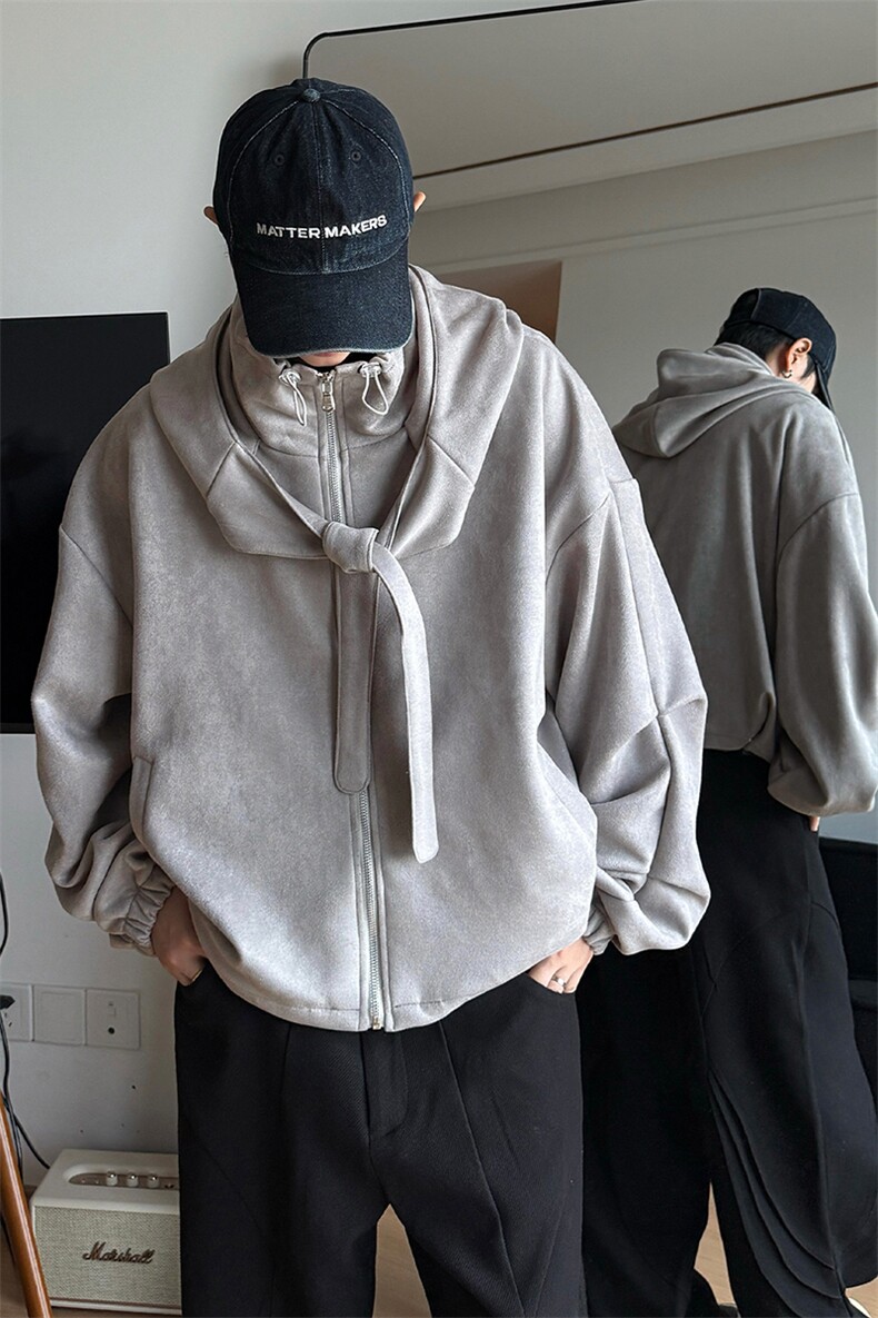 慵懒范宽松廓形日常百搭上衣系带设计连帽拉链卫衣HY813P65控98,男装夹克,电商A102B