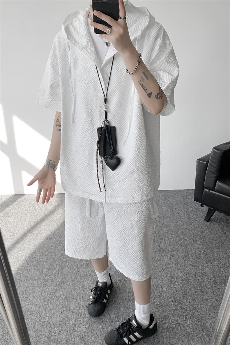 TZ793-特55控98新款速干肌理感连帽男短袖衬衫六分裤大码套装,男装T恤,电商A059