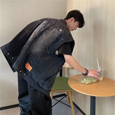 美式高街小众水洗蜘蛛刺绣坎肩牛仔马甲背心男女潮牌宽松无袖外套，男装夹克，星座716-4