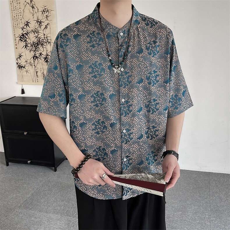 新中式立领风潮T恤短袖高品质上衣刺绣时尚提花T2402-P58,男装T恤,电商A227