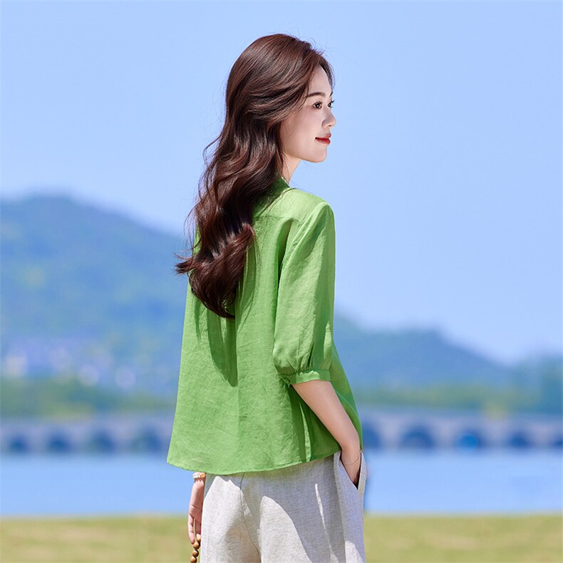 新中式国风刺绣衬衫女2025夏季新款复古宽松百搭显瘦休闲上衣衬衣，女装衬衫，靓衣阁