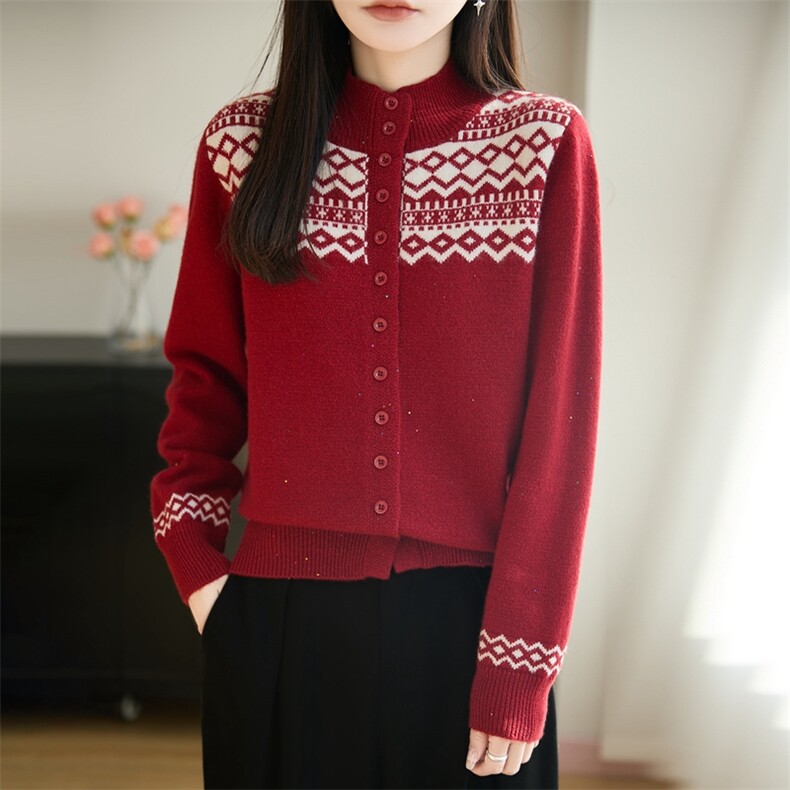 2026年秋季女时尚百搭通勤简约休闲珠片开衫，女装针织衫/毛衣，暖圣羊羊绒