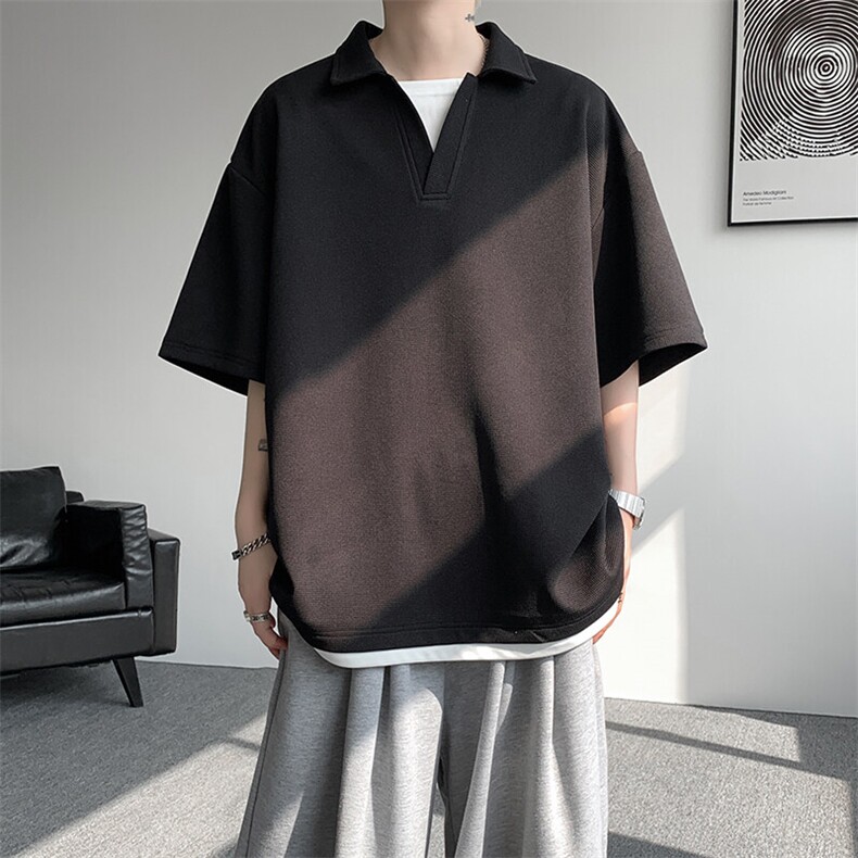 8XL-M假两件V领短袖t恤男夏翻领半袖宽松重磅华夫格大码DT001P40,男装T恤,电商B312