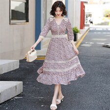 甜美蕾丝花边拼接荷叶边裙花色连衣裙2023年夏季，女装连衣裙，韩蜜菓