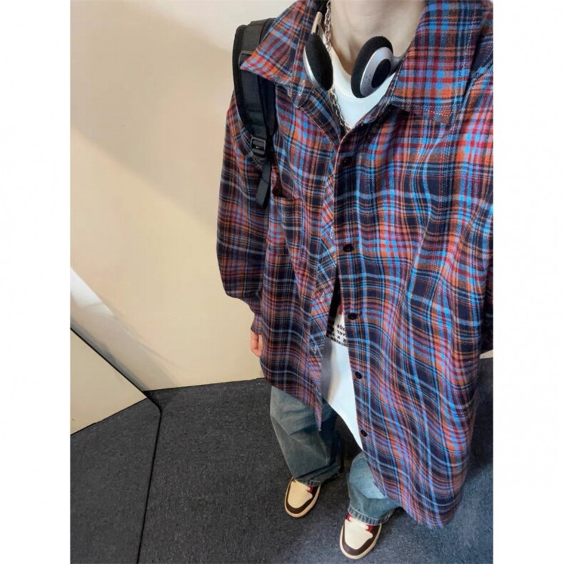 格子衬衫男长袖春秋季新款美式复古高街潮牌休闲宽松翻领衬衣,男装衬衫,星座410-6（原星座1304-1）