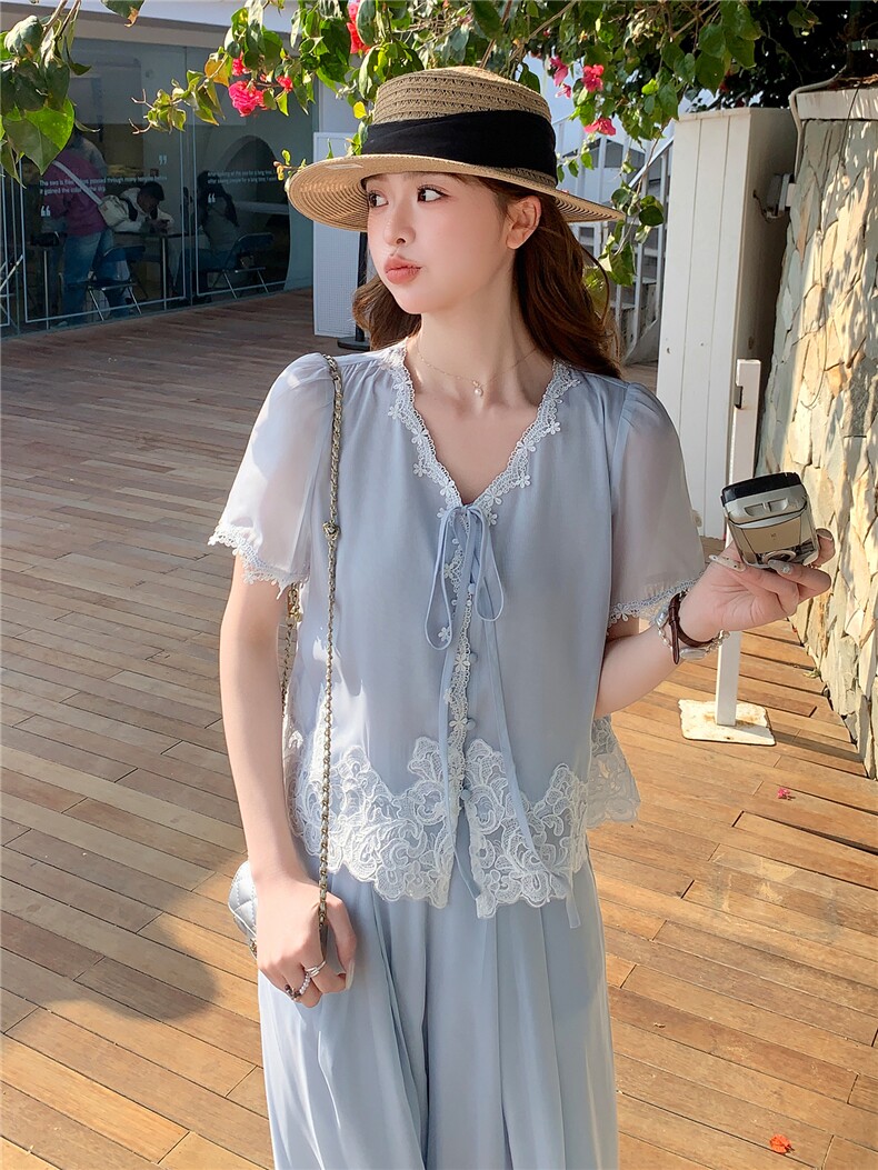 法式气质蕾丝拼接套装女2026夏季新款高级感时髦洋气阔腿裤两件套,女装套装/套裙,衣秀之家