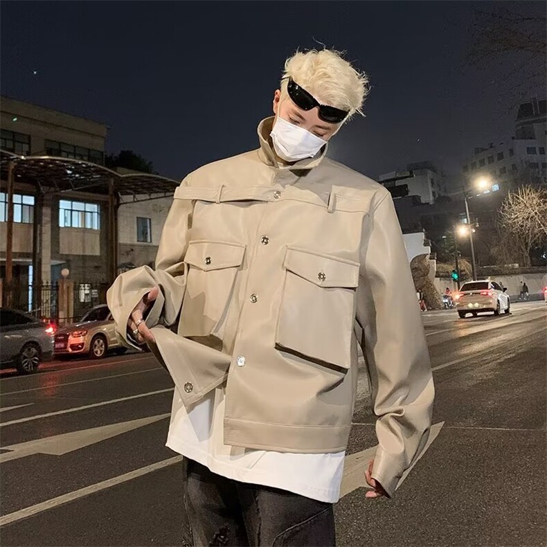 男皮衣工装大口袋织带皮夹克垫肩外套JK0059P80,男装夹克,星座1013-1