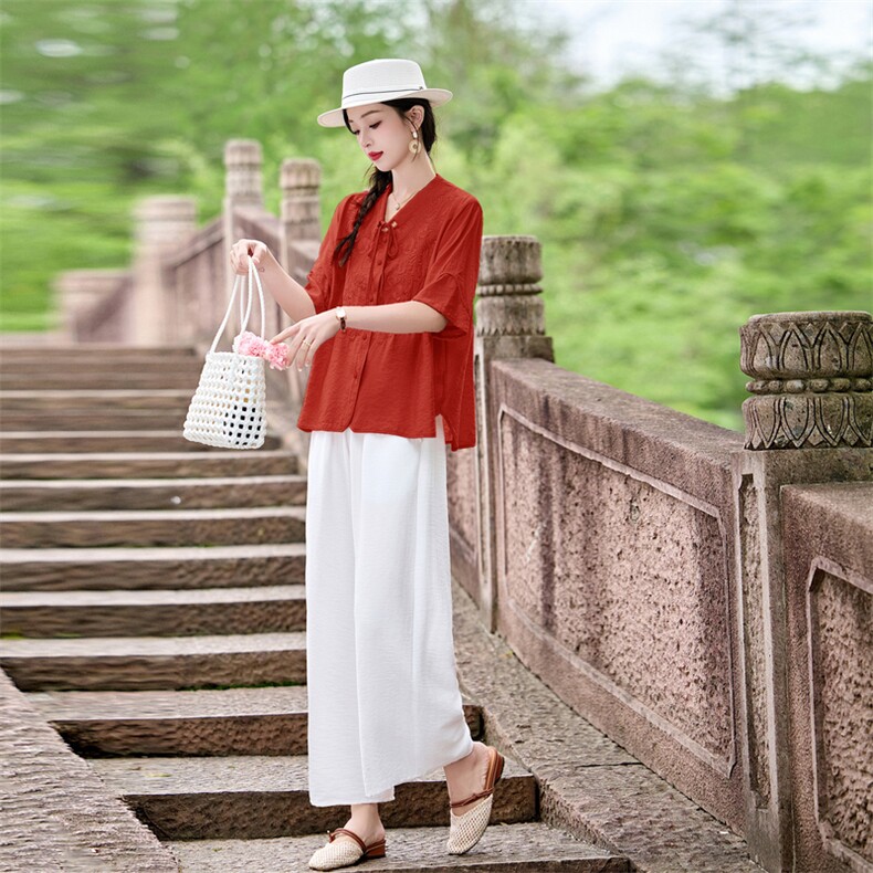 时尚洋气刺绣棉麻套装女2026夏季新款宽松遮肉显瘦阔腿裤两件套,女装套装/套裙,魅影
