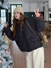 现货新款韩版宽松立领撞色格子袖口羽绒服短款外套面包服，女装羽绒服，网红馆