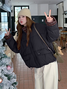 现货新款韩版宽松立领撞色格子袖口羽绒服短款外套面包服图片