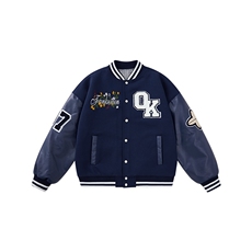 JK5872-P85美式拼接刺绣PU皮撞色棒球服飞行员夹克外套控149，男装夹克，星座109