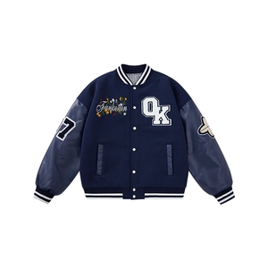 JK5872-P85 美式拼接刺绣PU皮撞色棒球服飞行员夹克外套 控149图片