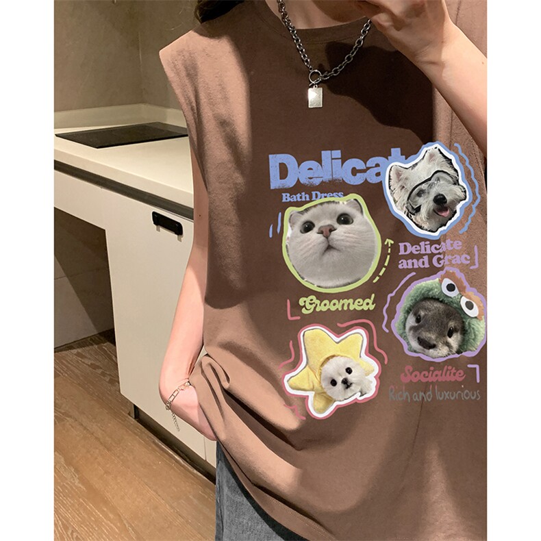 美式无袖vibe纯棉T恤慵懒风小猫咪印花休闲宽松打底衫HY580TP18,男装T恤,电商A102B