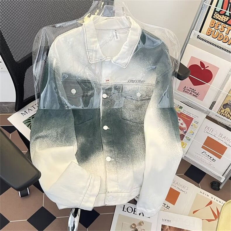 秋季潮流设计感渐变喷色牛仔外套男女美式嘻哈翻领工装夹克潮,男装夹克,星座410-7