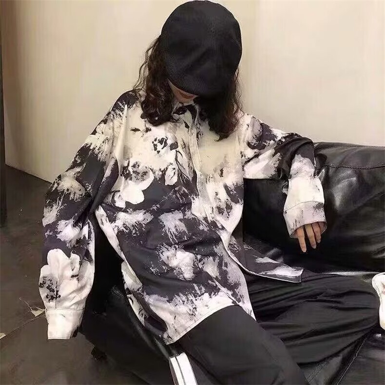 359-P26很仙的花衬衫潮男穿搭水墨扎染长袖上衣,男装衬衫,电商B323A
