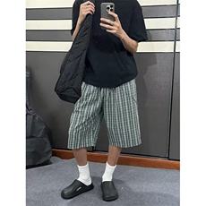 复古蓝绿格纹宽松廓形七分裤男女夏季慵懒风直筒休闲裤DK24，男装牛仔裤，星座1116A（原606A-3）