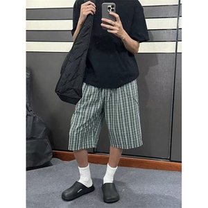 复古蓝绿格纹宽松廓形七分裤男女夏季慵懒风直筒休闲裤 DK24图片