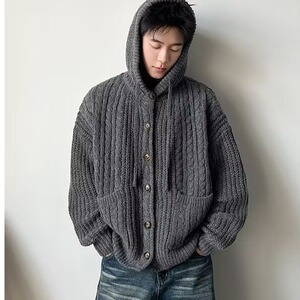 YC0791-P78 秋冬复古纯色针织开衫外套男女潮牌宽松百搭提花毛衣图片