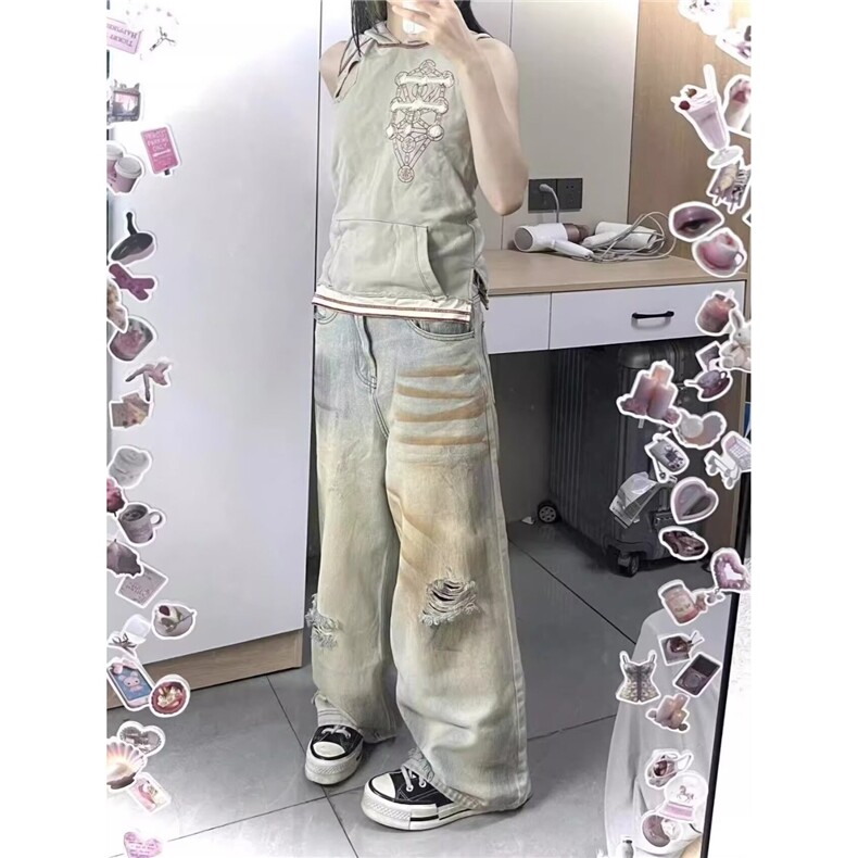 【现货】DA480-特批50黄泥染高街水洗做旧破洞直筒牛仔裤男女潮,男装牛仔裤,星座603-2