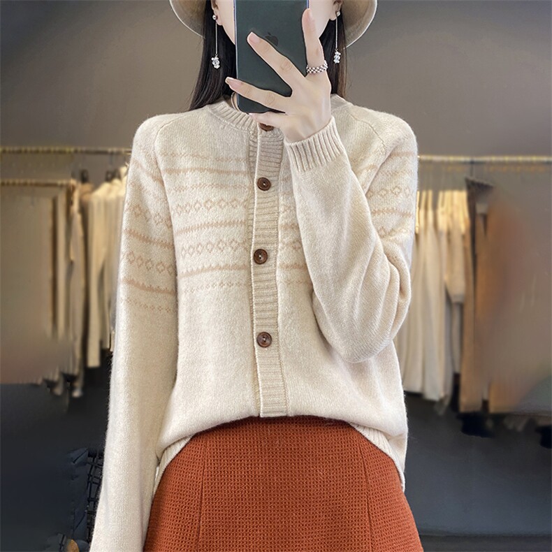 法式费尔岛提花100纯羊毛针织开衫女2025新宽松显瘦毛衣外套上衣，女装羊毛衫，郡淞羊绒