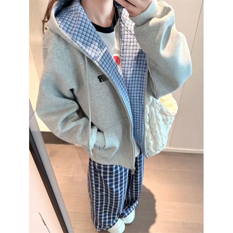 压线刺绣纯棉华棉复格子布千鸟格春秋宽松开衫连帽卫衣男WXA1135,男装卫衣,星座1116A（原606A-3）
