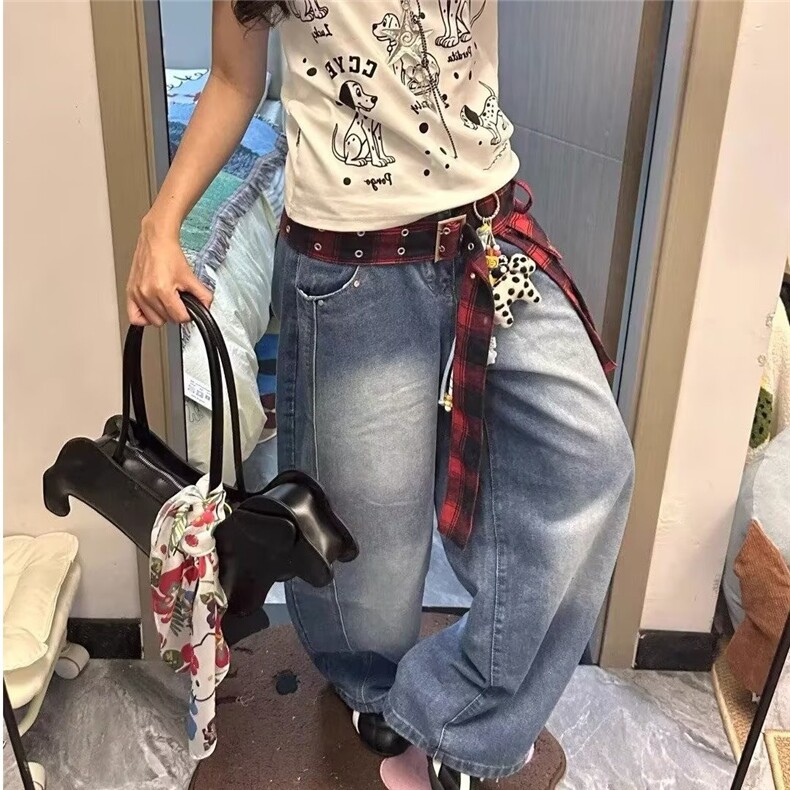 大码美式复古高街格子拼接解构水洗牛仔裤女夏高腰宽松阔腿弯刀裤图片