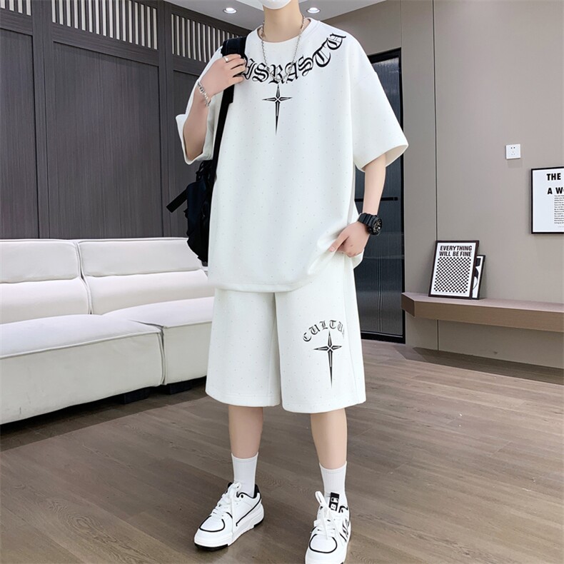 主推港风套装男宽松菠萝格满天星短袖T恤短裤痞帅套装TZ6626-P50,男装牛仔裤,星座310B