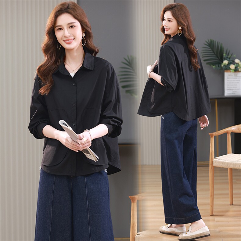 黑色衬衫女纯棉2025春秋季新款设计感小众休闲中性长袖宽松上衣潮，女装衬衫，江忆布依