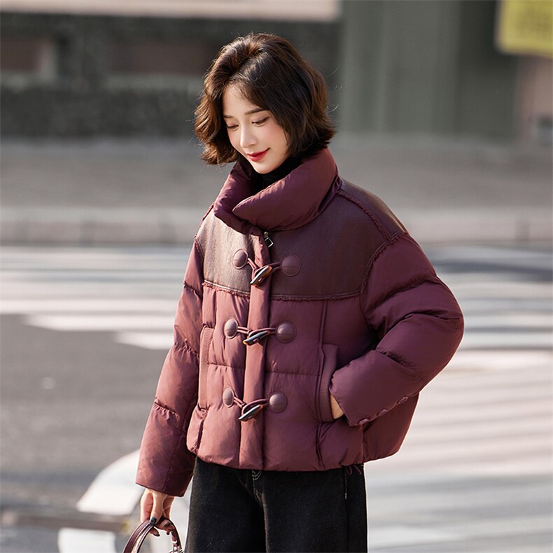 小个子羽绒服女2024冬季新款独特超好看设计感短款红色拼皮厚外套,女装羽绒服,靓衣阁