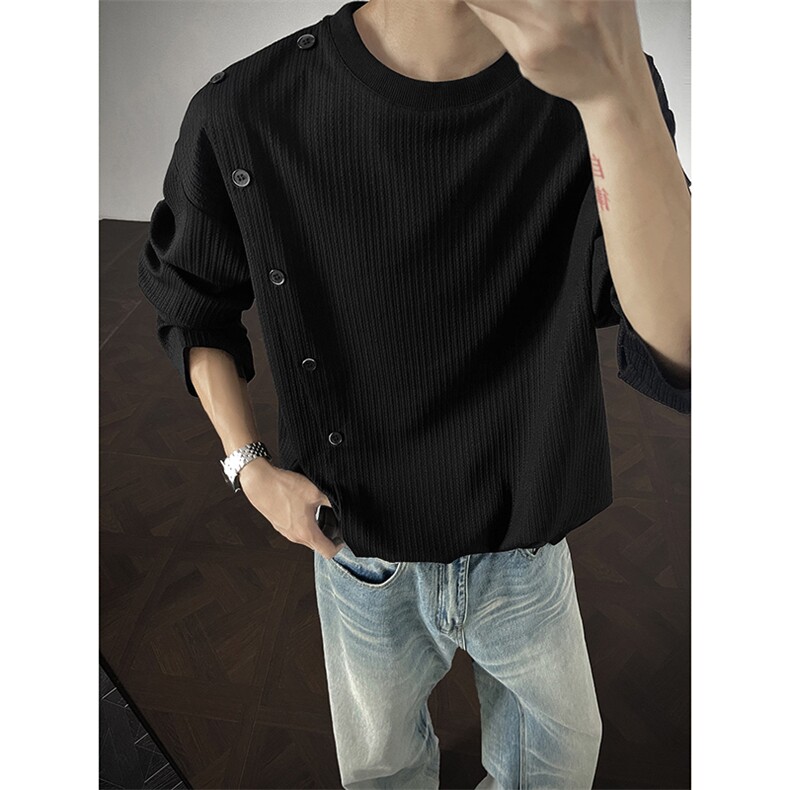 现货圆领卫衣男秋季新款小众斜扣设计感长袖T恤-A2209TP35控68，男装T恤，电商B241