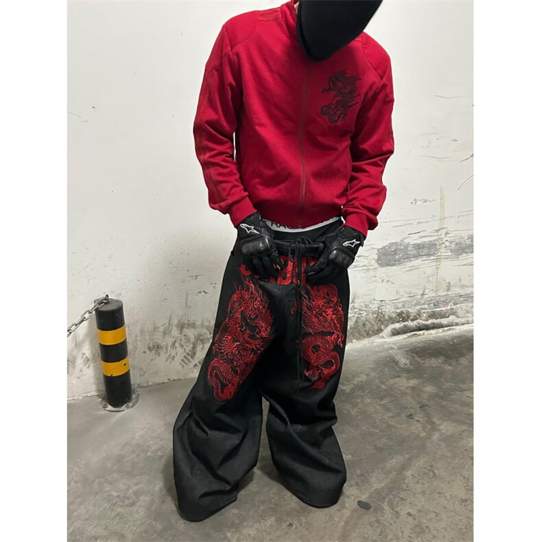 W10681-P58网图现货重工刺绣龙文艺宽松阔腿牛仔裤,男装牛仔裤,星座1608
