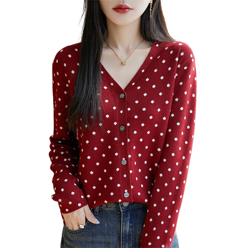 气质时尚百搭春款女士V领波点开衫长袖显瘦短袖针织衫软糯亲肤,针织衫/毛衣,暖烁羊绒