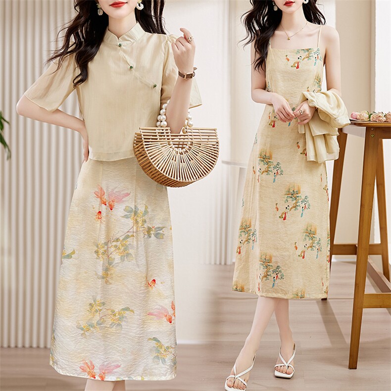 芷墨夏季新款新中式改良旗袍上衣吊带裙俩件套复古显高显瘦套装女，女装套装/套裙，芷墨服饰