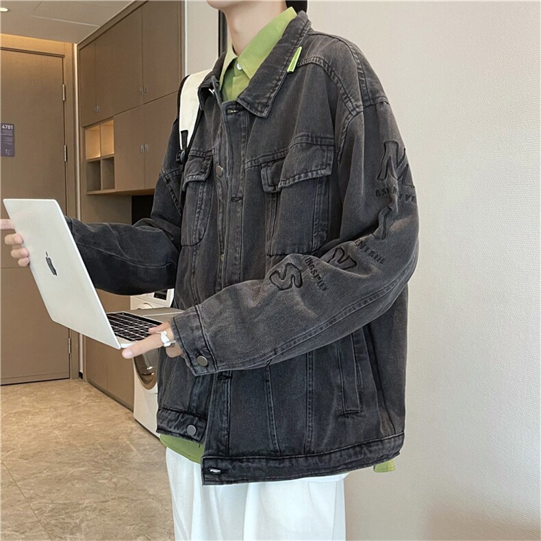 暗黑牛仔外套男韩版潮字母2023秋冬新款ins宽松百搭夹克W3031-P65，男装大码男装，星座412-2