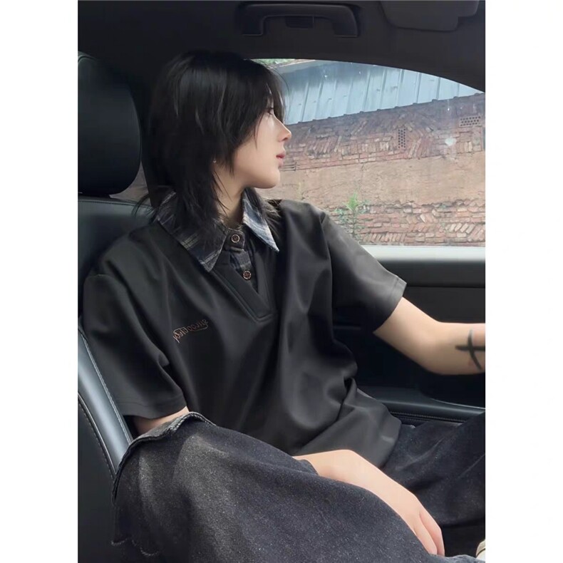 网图假两件衬衫领短袖男女美式复古格子学院风情侣上衣YY811-P35,男装T恤,电商C216